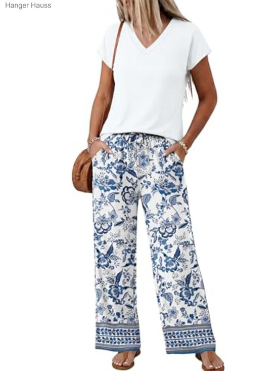 Pants - 2 Piece Lounge Set V Neck Cap Sleeve Top Wide Leg Pants Travel Outfit